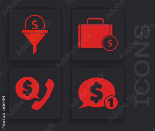 Set Speech bubble with dollar, Lead management, Briefcase and money and Telephone handset and speech bubble chat icon. Vector.