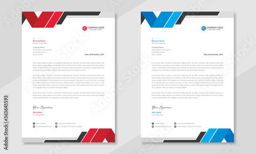 Professional business letterhead design in red & blue with geometric shapes. Creative & clean business style print ready letterhead for corporate offices. Vector graphic design.