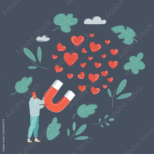 Vector illustration of man relationship concept: horseshoe magnet with red hearts isolated on dark background.