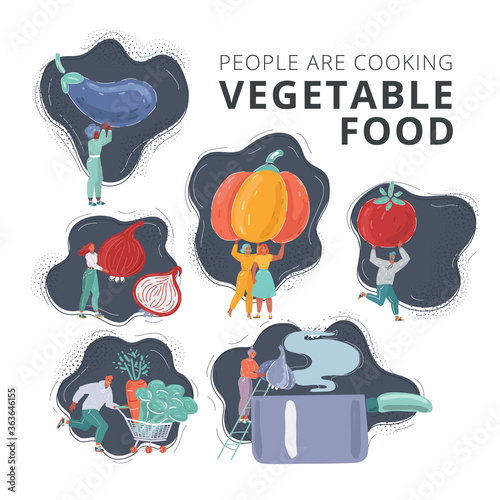 Vector illustration of chopping food vegetable ingredients. Tiny people in cooking prosses. Eggplant, pumpkin, tomato, onion, carrot, pan, broccoli, garlic. Man and woman on dark background.