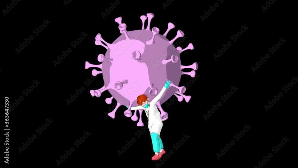 Doctor wearing lab coat walking and holding a big virus on the back Doctor wearing lab coat walking and holding a big virus on the back