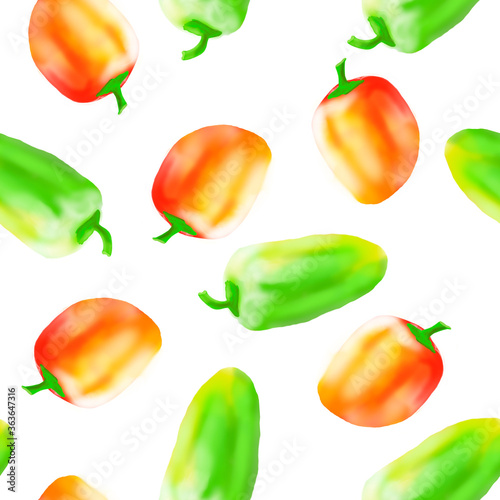 Red and green bell peppers seamless pattern. Vibrant colorful peppers illustration isolated on white background