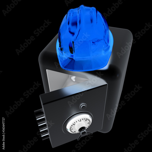 Safe and hard hat. Technology icon. 3d render. On a black background.