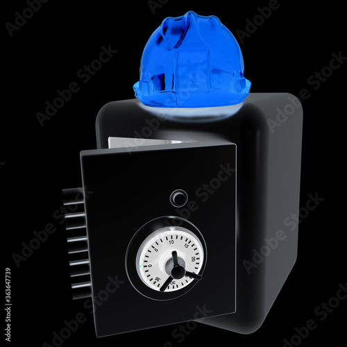 Safe and hard hat. Technology icon. 3d render. On a black background.