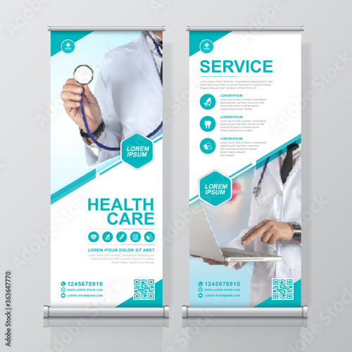 Healthcare and medical roll up design, standee banner template for exhibition
