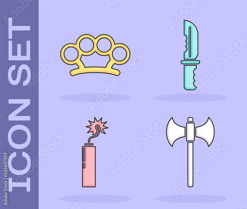 Set Medieval axe, Brass knuckles, Dynamite bomb stick clock and Military knife icon. Vector.