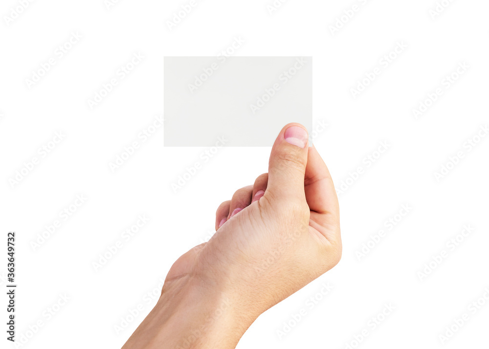 Male hand holding virtual white business card Male hand holding virtual white business card