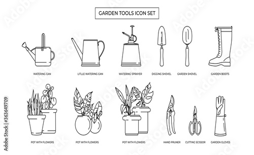 Gardening simple bw icon set. Contains Icons such as flowers, watering can, gloves, pot and much more