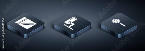 Set Isometric Evidence bag and knife, Magnifying glass with search and Security camera icon. Vector.