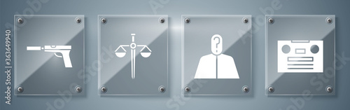Set Retro audio cassette tape, Anonymous with question mark, Scales of justice and Pistol or gun with silencer. Square glass panels. Vector.