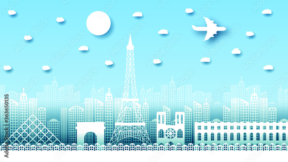 Abstract Travel City Paris France Landscape Template Banner Vector Design Style Clouds Airplane
