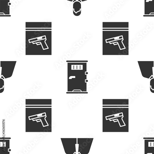 Set Lawyer, attorney, jurist, Prison cell door and Evidence bag and pistol or gun on seamless pattern. Vector.