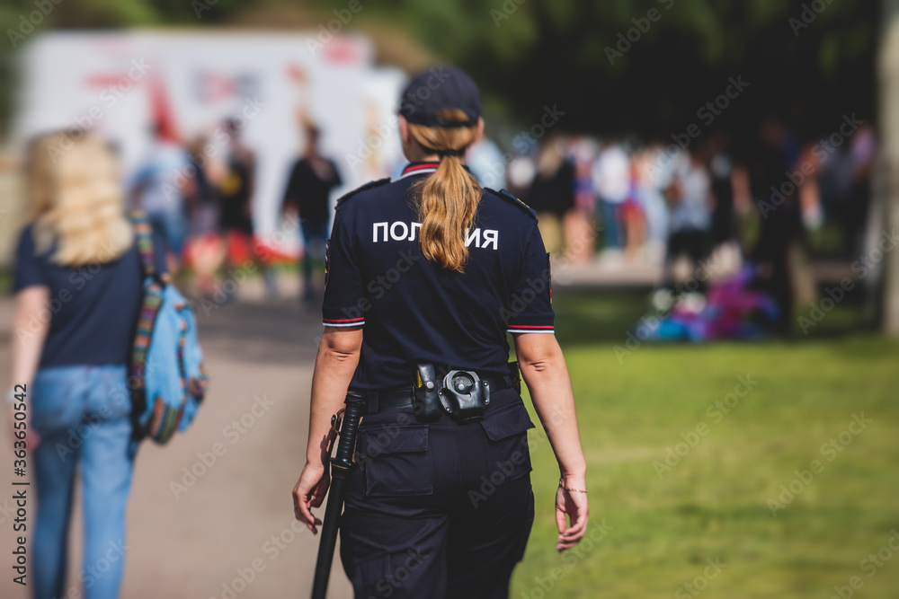 Russian female police squad formation back view with 