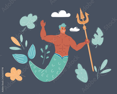 Vector illustration of male mermaid on dark background. photo