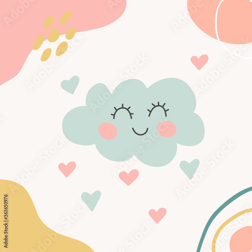 Kids nursery decoration with funny cloud and hearts. Hand drawn unique doodle objects. Organic shapes cover design in pastel colors. Abstract background. Contemporary texture. Vector illustrations