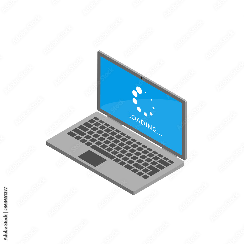 Laptop computer with loading screen. Illustration in isometric style isolated on white background Laptop computer with loading screen. Illustration in isometric style isolated on white background