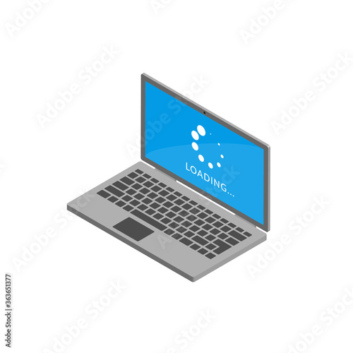 Laptop computer with loading screen. Illustration in isometric style isolated on white background