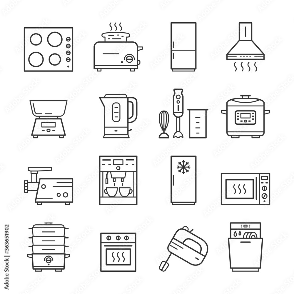 Modern kitchen household domestic appliances thin line icon set Modern kitchen household domestic appliances thin line icon set