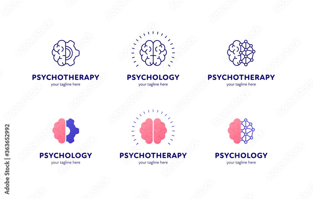 Psychology, psychotherapy and mental health care concept. Vector flat illustration set. Collection of logo template. Brain sign with gear wheel and dotted nerwork symbol. Design for web, logotype.