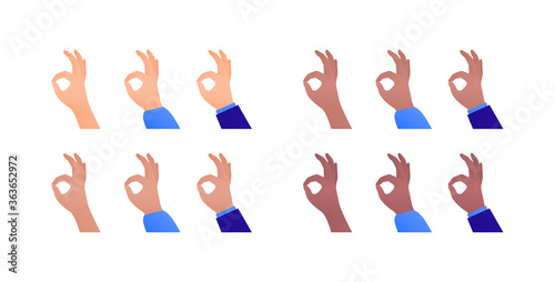 Ok hand sign. Vector flat illustration set. Collection of multi-ethnic okey fingers gesture. Caucasian, asian, hispanic and african american. Suit and shirt. Design element for business banner, web.