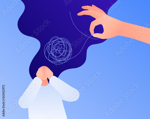 Psychology, psychotherapy and mental health care concept. Vector flat person illustration. Woman patient with hands over face. Hand help by untangle thread. Design for banner template, web, ads.