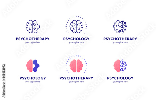 Psychology, psychotherapy and mental health care concept. Vector flat illustration set. Collection of logo template. Brain sign with gear wheel and dotted nerwork symbol. Design for web, logotype.