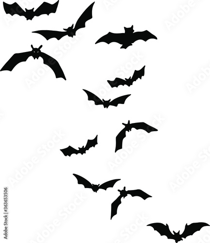 Shocking black bats group isolated on white vector Halloween background. Flittermouse night creatures illustration. Silhouettes of flying bats traditional Halloween symbols on white.