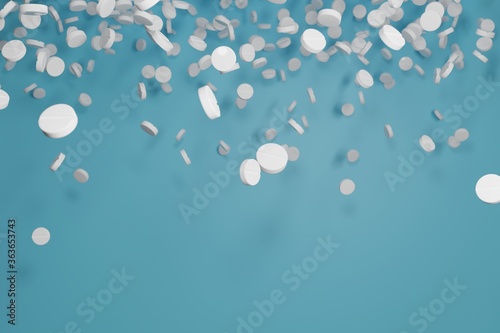 falling white pills on a blue background 3d render