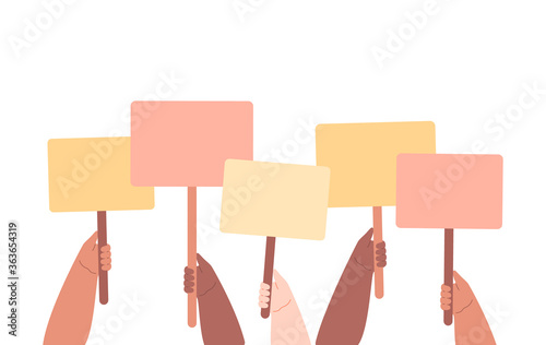Different skin color hands holding colorful empty banners in the air on white. Space for text background. Protest, movement concept.