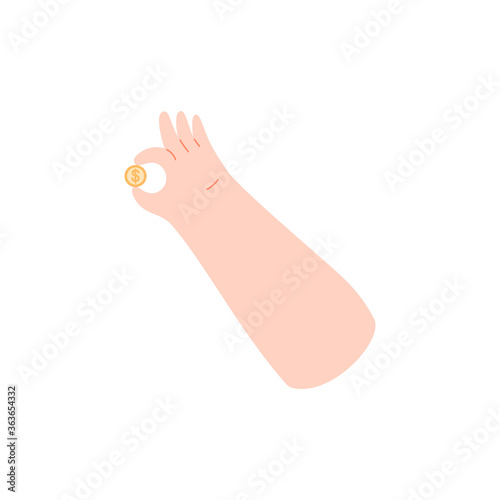 Hand holding coin isolated on white.