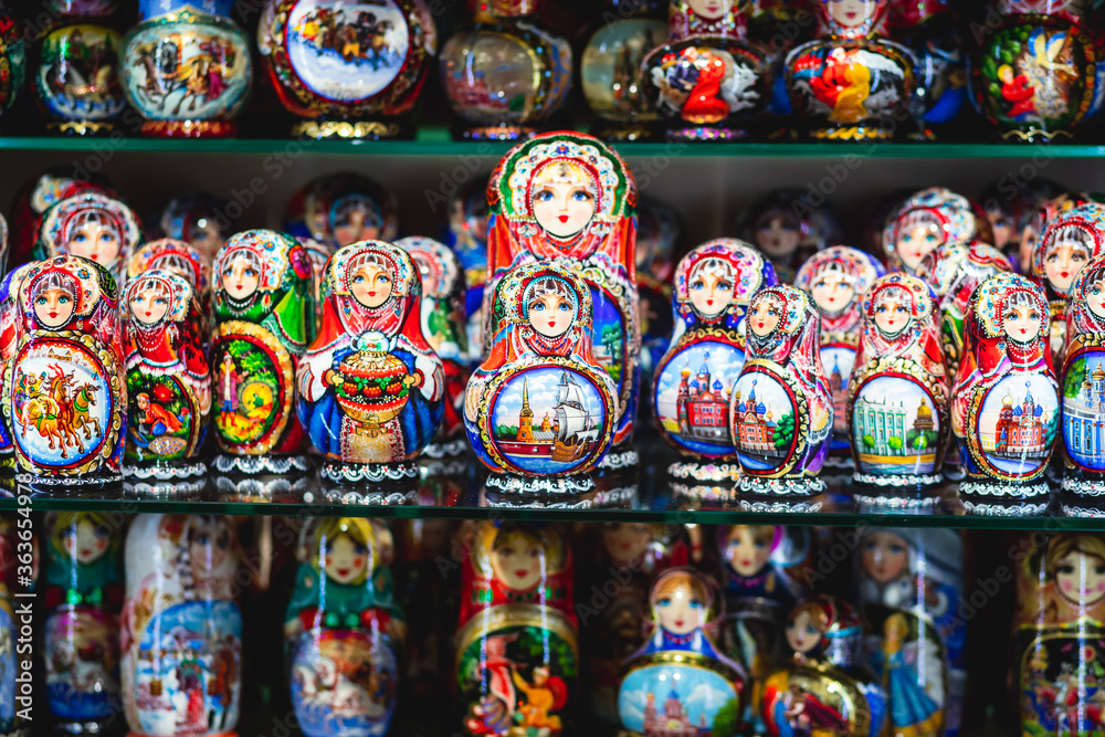 Wooden Nesting Dolls or Russian Matryoshka Dolls for sale in St Petersburg, Russia, Matryoshka dolls - traditional Russian souvenirs for foreign tourists