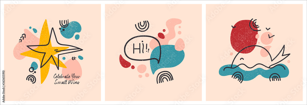 Vector abstract social media post. Designs with doodle elements.Trendy Line Art apparel print collection with stars, planets and abstract elements. Colored decoration poster graphic designs Vector abstract social media post. Designs with doodle elements.Trendy Line Art apparel print collection with stars, planets and abstract elements. Colored decoration poster graphic designs