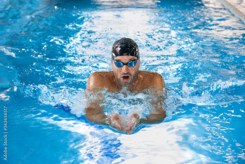 Sports male swimmer swimming in the pool, breaststroke swimming. Front view, techniques swimming.