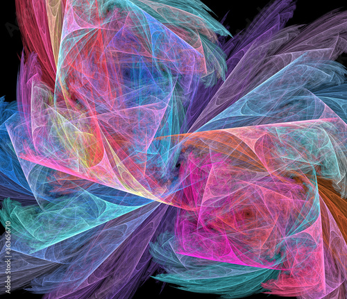 Abstract fractal background with bright color spots  the intersection of lines and arcs. 3D rendering. 3D illustration.