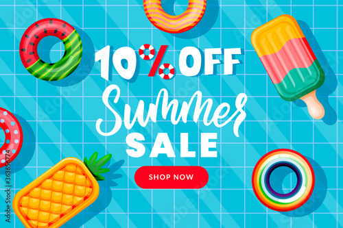 Summer sale banner design template. Inflatable floating funny toys in swimming pool, top view vector illustration