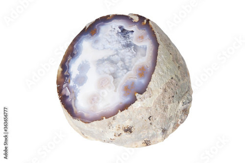 Agate specimen with geode of Quartz crystals. Isolated on white background