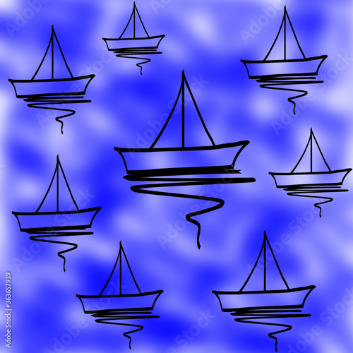 Vector sailboat icons set on white and blue background. 