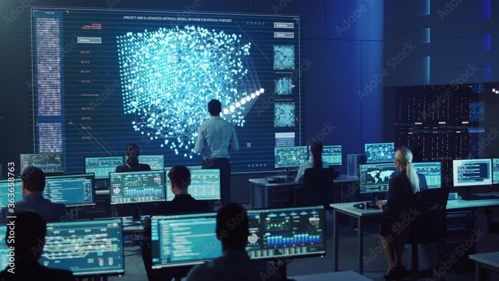Team of Professional Computer Data Science Engineers Work on Desktops with Screens Showing Charts, Graphs, Infographics, Technical Neural Network Data and Statistics. Dark Control and Monitoring Room.