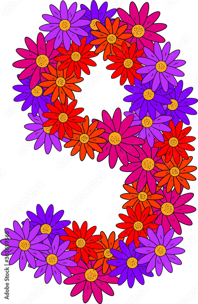 Flower font. Arabic numeral 9. Lots of colorful flower heads. Inflorescence. Bright petals. Purple, pink, red, orange. Romantic summer lettering. Score, math