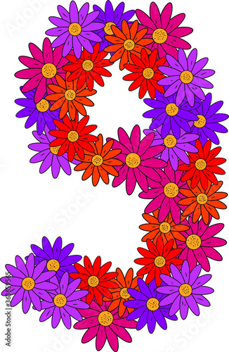 Obraz na płótnie Flower font. Arabic numeral 9. Lots of colorful flower heads. Inflorescence. Bright petals. Purple, pink, red, orange. Romantic summer lettering. Score, math w salonie