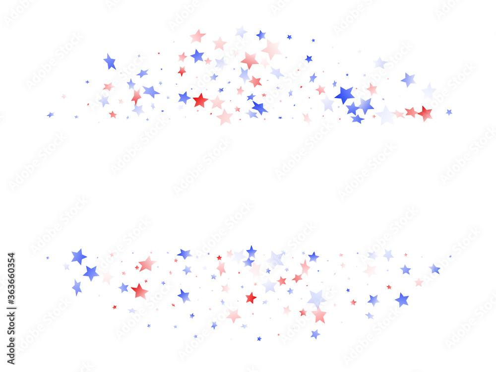 Fototapeta premium Flying red blue white star sparkles on white vector american patriotic background.