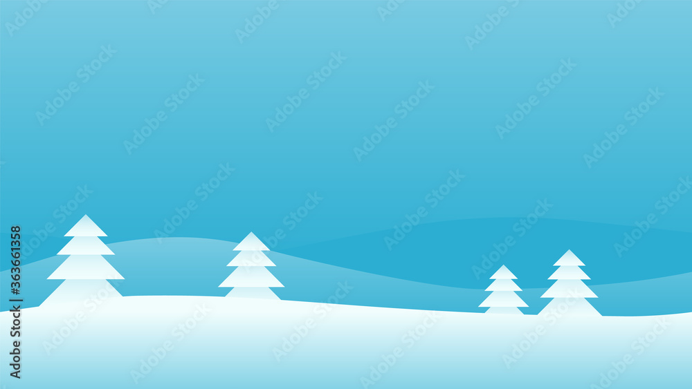 Horizontally seamless illustration of winter landscape with snowy pine trees and blue flat wavy background.