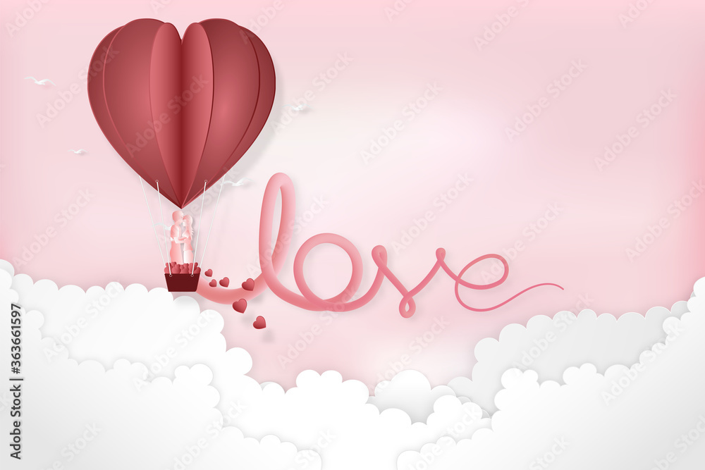 Paper art , cut and craft style of Paper art , cut and Carving design of city urban and lover in hot air balloon on pink background as Love, Happy Mother's, Valentine's Day.