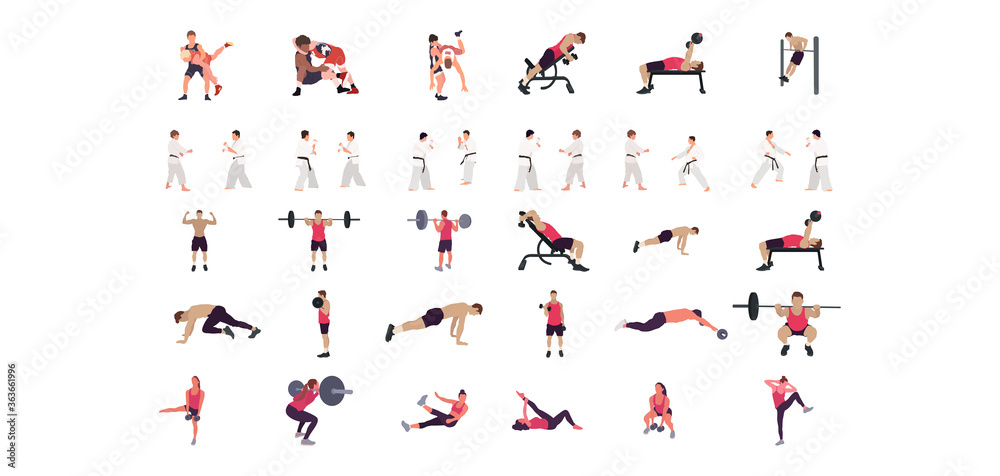 Man workout illustration set, gym, karate, wrestling illustration set