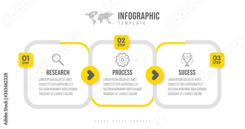 Business infographics template. Timeline with 3 arrow steps, three number options. Vector