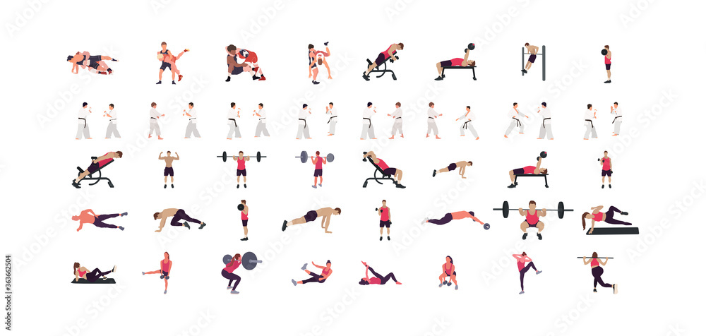 Man workout illustration set, gym, karate, wrestling illustration set Man workout illustration set, gym, karate, wrestling illustration set