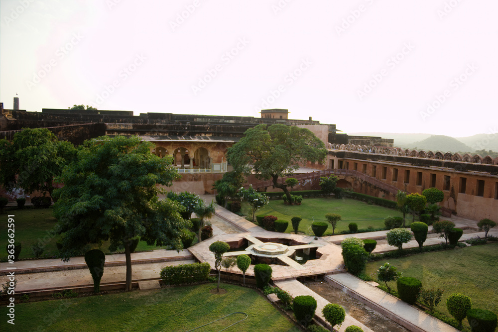 Interior of a royal garden inside a amer fort located in Jaipur city of Rajasthan state in India