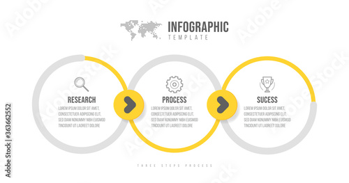 Business infographics template. Timeline with 3 arrow steps, three number options. Vector