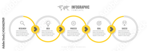 Business infographics template. Timeline with 5 circle arrow steps, five number options. World Map in background. Vector element