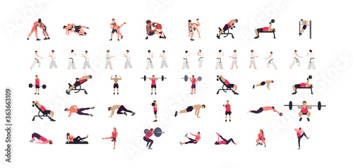 Man workout illustration set, gym, karate, wrestling illustration set